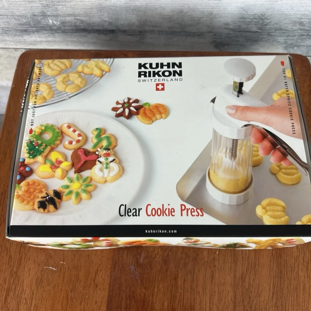 Kuhn Rikon Clear Cookie Press 2460 Stainless Steel Handle 14 Disks Spritz Maker